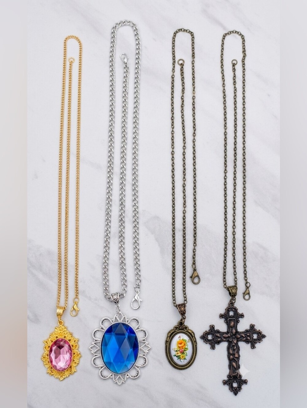 Set of 4 Long Pendant Necklaces 28" Oval Crystal Floral, Cross Vintage Style Lot